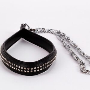 Lamb Leather Handle with 2 Rows of Small Rhinestones and Metal Chain Black