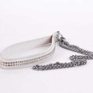 Lamb Leather Handle with 2 Rows of Small Rhinestones and Metal Chain White
