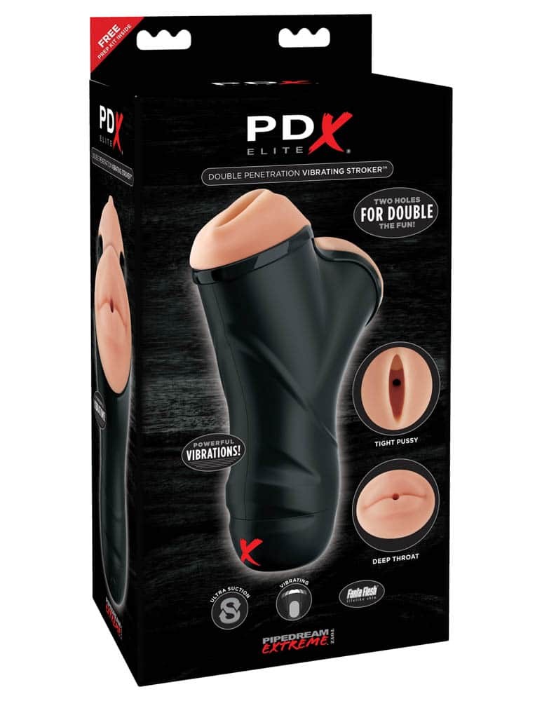 Penetration Vibrating Stroker - szívó és rezgő maszturbátor két nyílással (testszínű-fekete) - Image 4