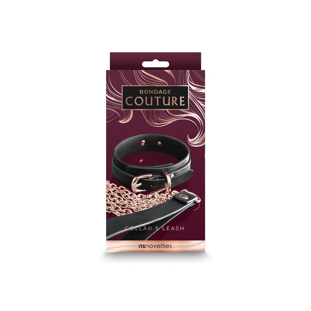 Bondage Couture - műbőr nyakörv és póráz (fekete-arany) - Image 2