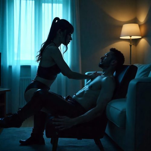 Boudoir sötét félhomályban, gyertyafény, bilincsek, vibrátor, férfi és nő testének intimitása, dominancia és engedelmesség jelenete. BDSM játékok